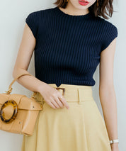フレンチスリーブリブ切替サマーニットトップスxyf9299 ネイビー