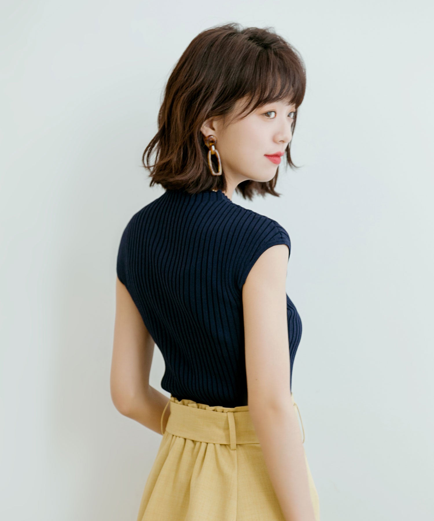 フレンチスリーブリブ切替サマーニットトップスxyf9299 ネイビー