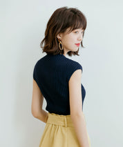 フレンチスリーブリブ切替サマーニットトップスxyf9299 ネイビー