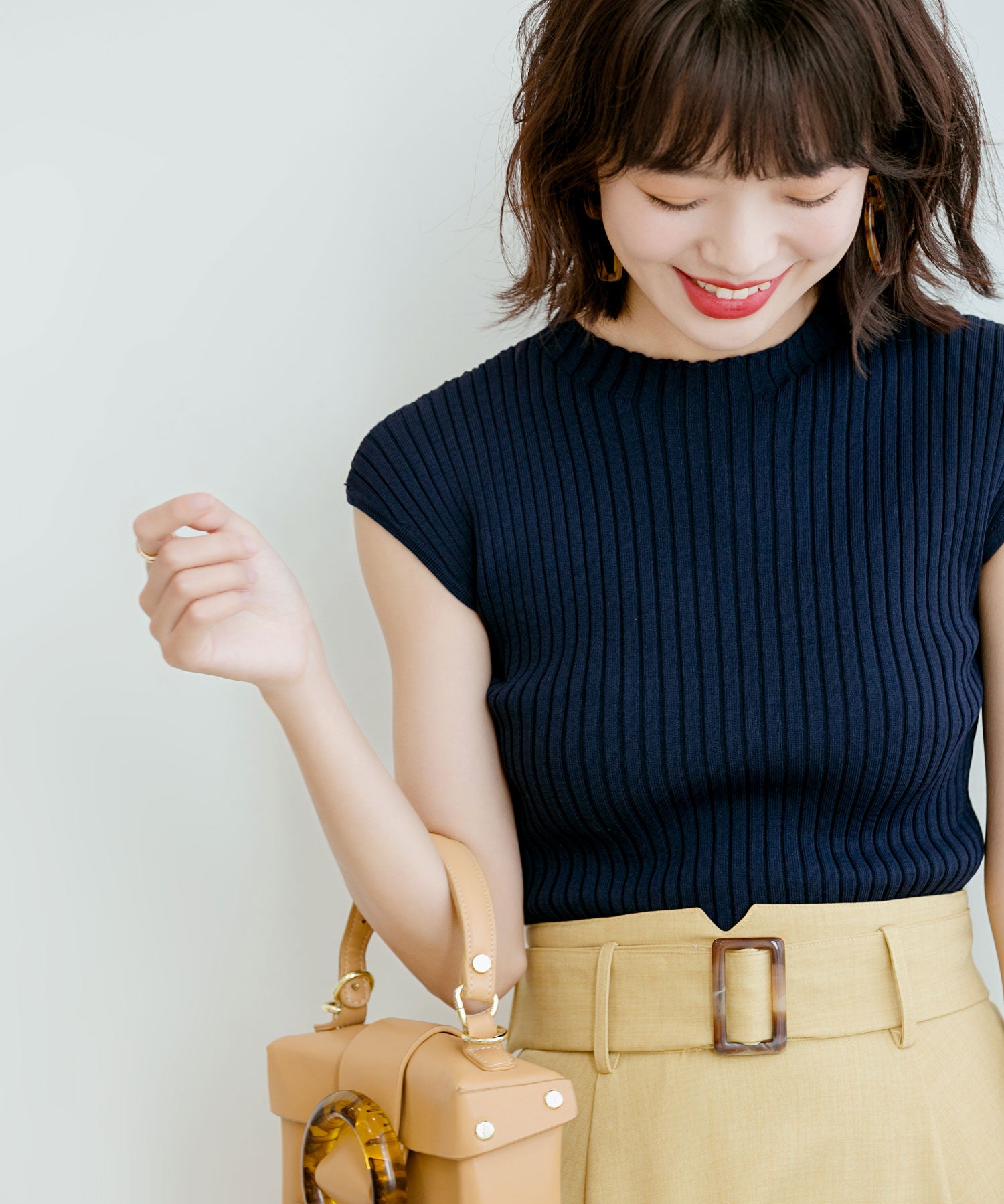 フレンチスリーブリブ切替サマーニットトップスxyf9299 ネイビー