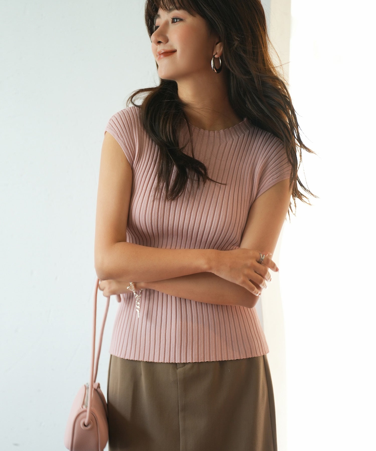 フレンチスリーブリブ切替サマーニットトップスxyf9299-103-173