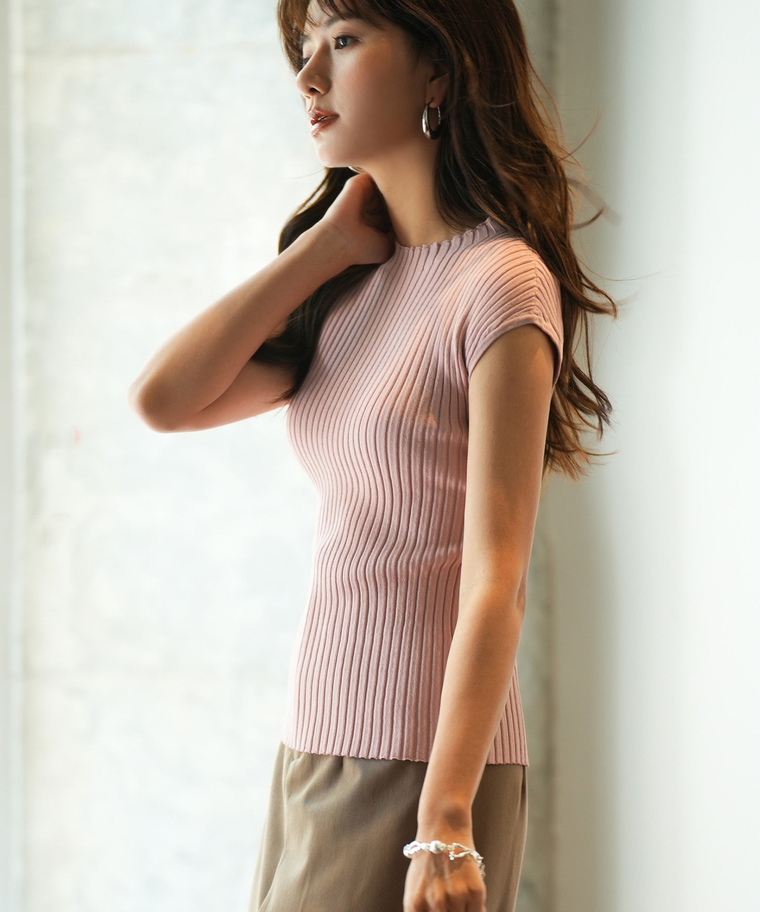 フレンチスリーブリブ切替サマーニットトップスxyf9299 ベビーピンク