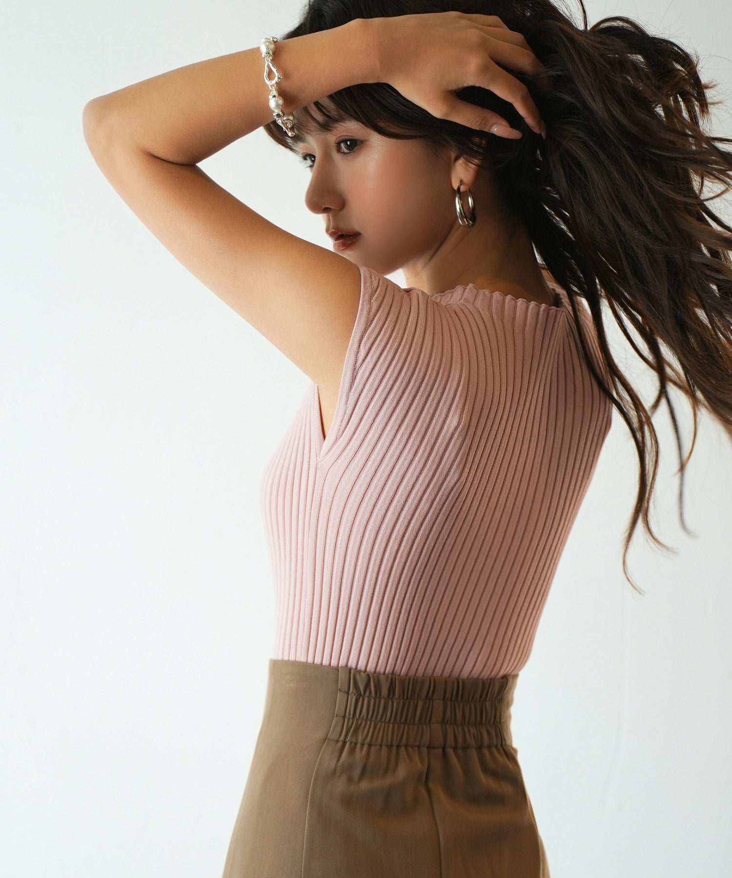 フレンチスリーブリブ切替サマーニットトップスxyf9299 ベビーピンク