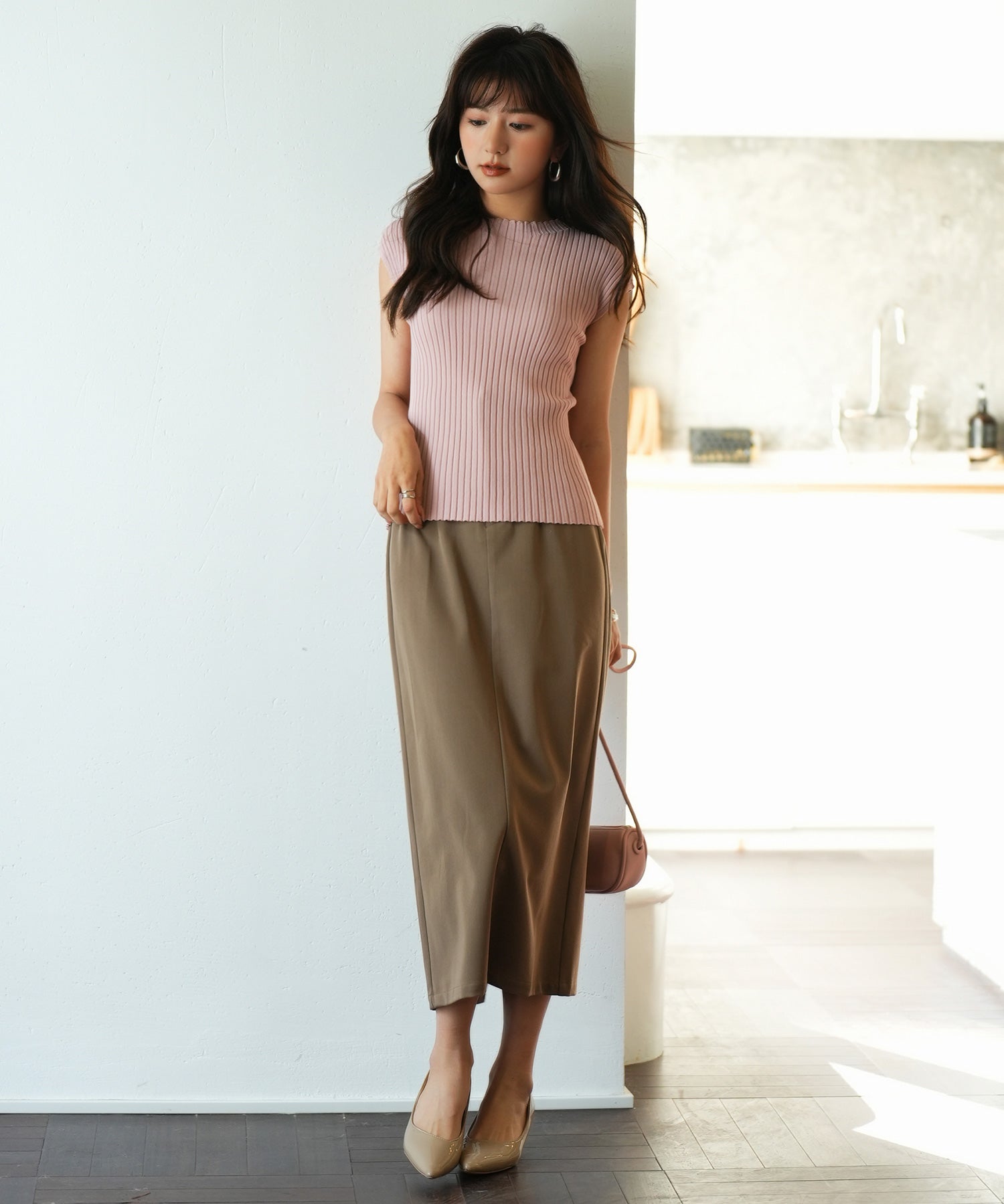 フレンチスリーブリブ切替サマーニットトップスxyf9299 ベビーピンク