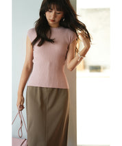 フレンチスリーブリブ切替サマーニットトップスxyf9299 ベビーピンク