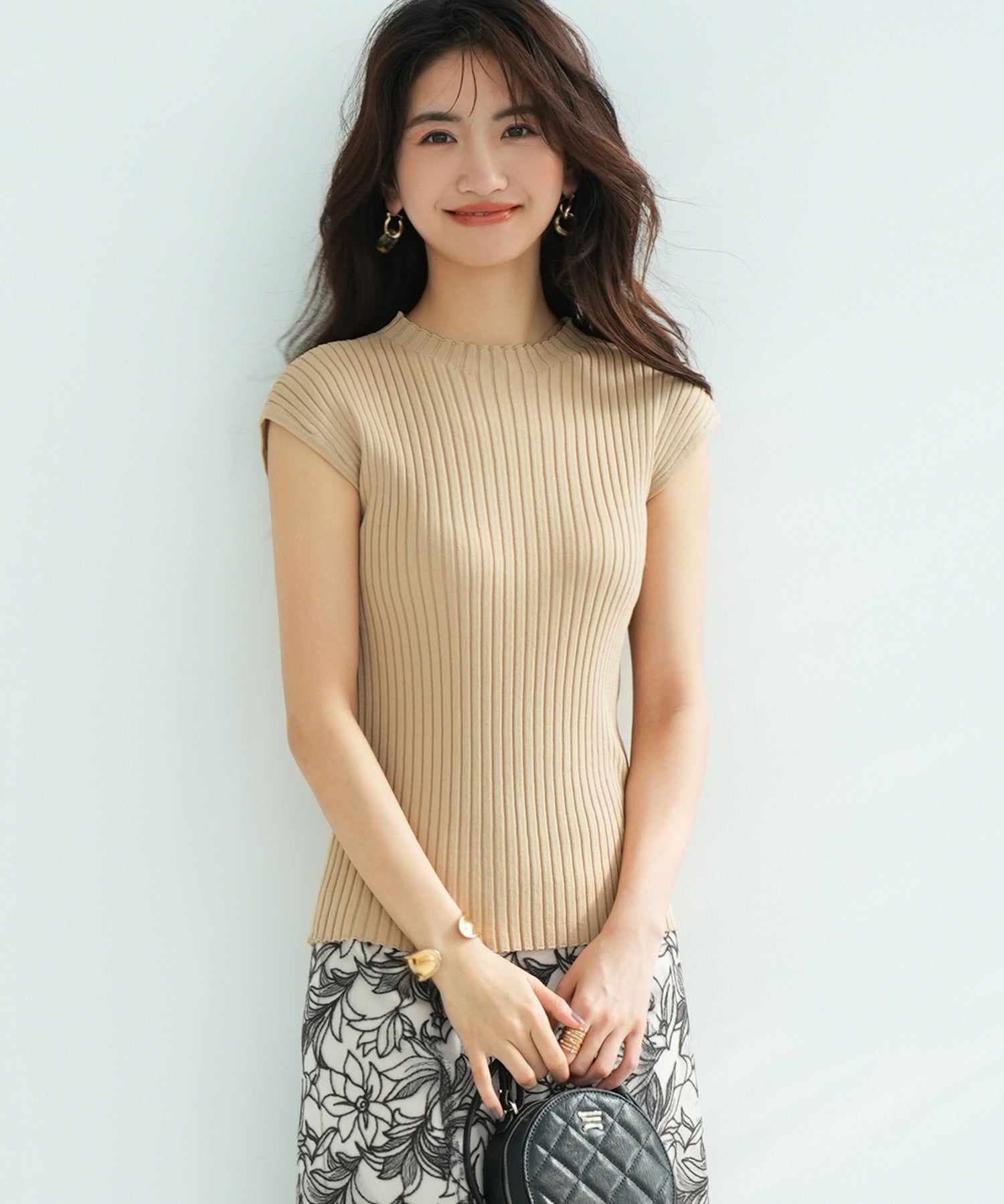 フレンチスリーブリブ切替サマーニットトップスxyf9299 ライトベージュ