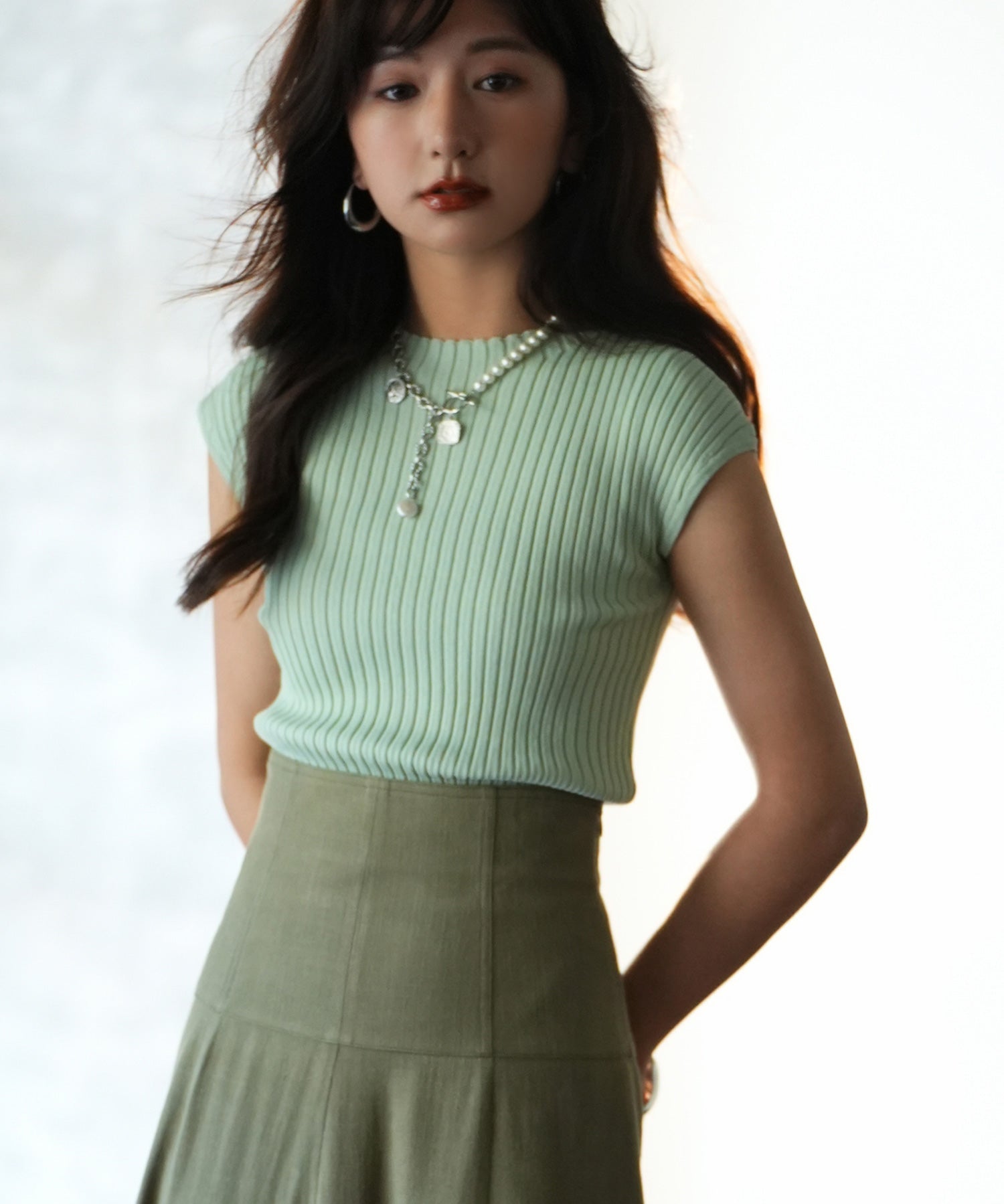 フレンチスリーブリブ切替サマーニットトップスxyf9299 グリーン