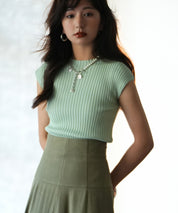 フレンチスリーブリブ切替サマーニットトップスxyf9299 グリーン