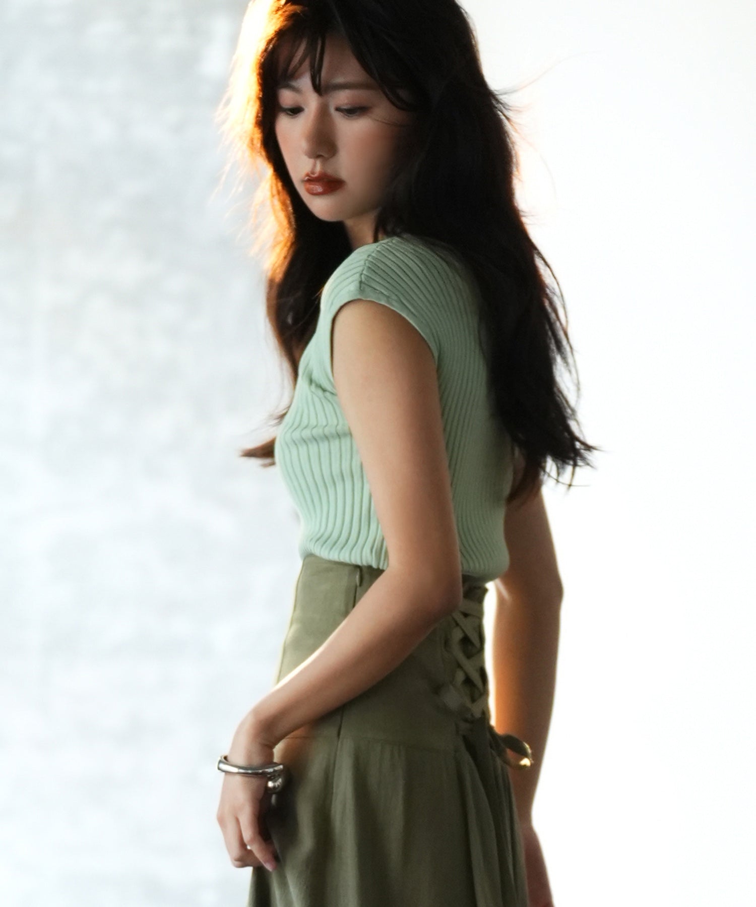 フレンチスリーブリブ切替サマーニットトップスxyf9299 グリーン