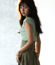 フレンチスリーブリブ切替サマーニットトップスxyf9299 グリーン