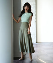 フレンチスリーブリブ切替サマーニットトップスxyf9299 グリーン