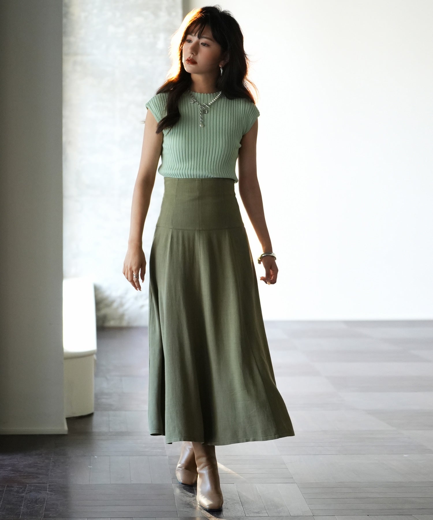 フレンチスリーブリブ切替サマーニットトップスxyf9299 グリーン