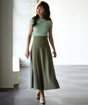 フレンチスリーブリブ切替サマーニットトップスxyf9299 グリーン