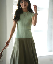 フレンチスリーブリブ切替サマーニットトップスxyf9299 グリーン