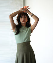 フレンチスリーブリブ切替サマーニットトップスxyf9299 グリーン