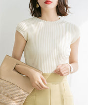 フレンチスリーブリブ切替サマーニットトップスxyf9299 アイボリー