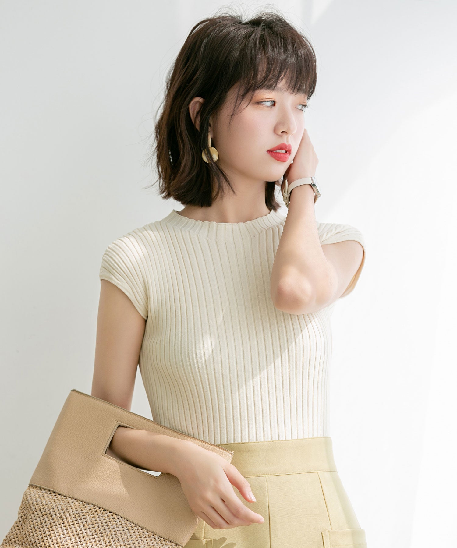 フレンチスリーブリブ切替サマーニットトップスxyf9299 アイボリー