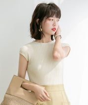 フレンチスリーブリブ切替サマーニットトップスxyf9299 アイボリー