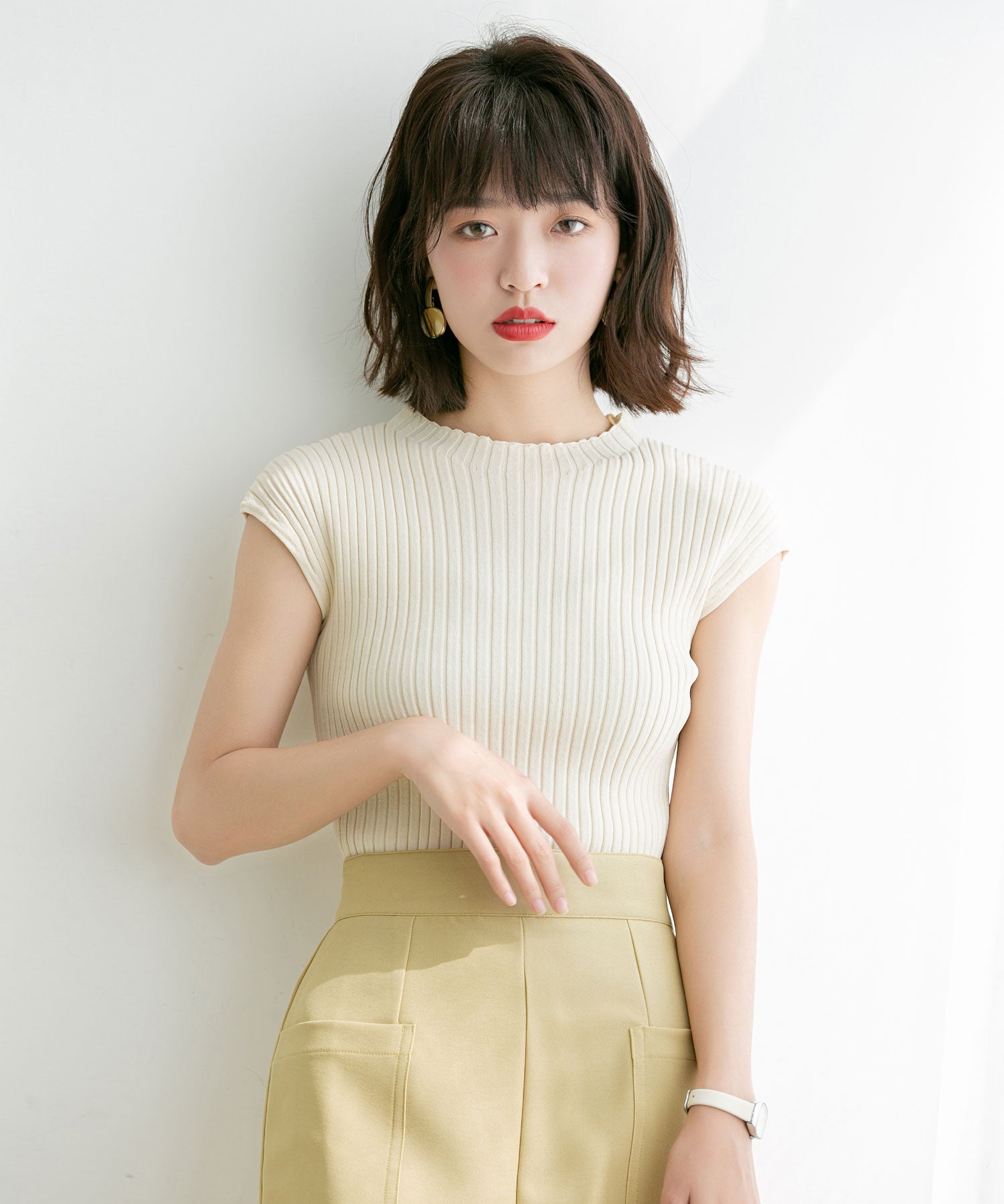 フレンチスリーブリブ切替サマーニットトップスxyf9299 アイボリー