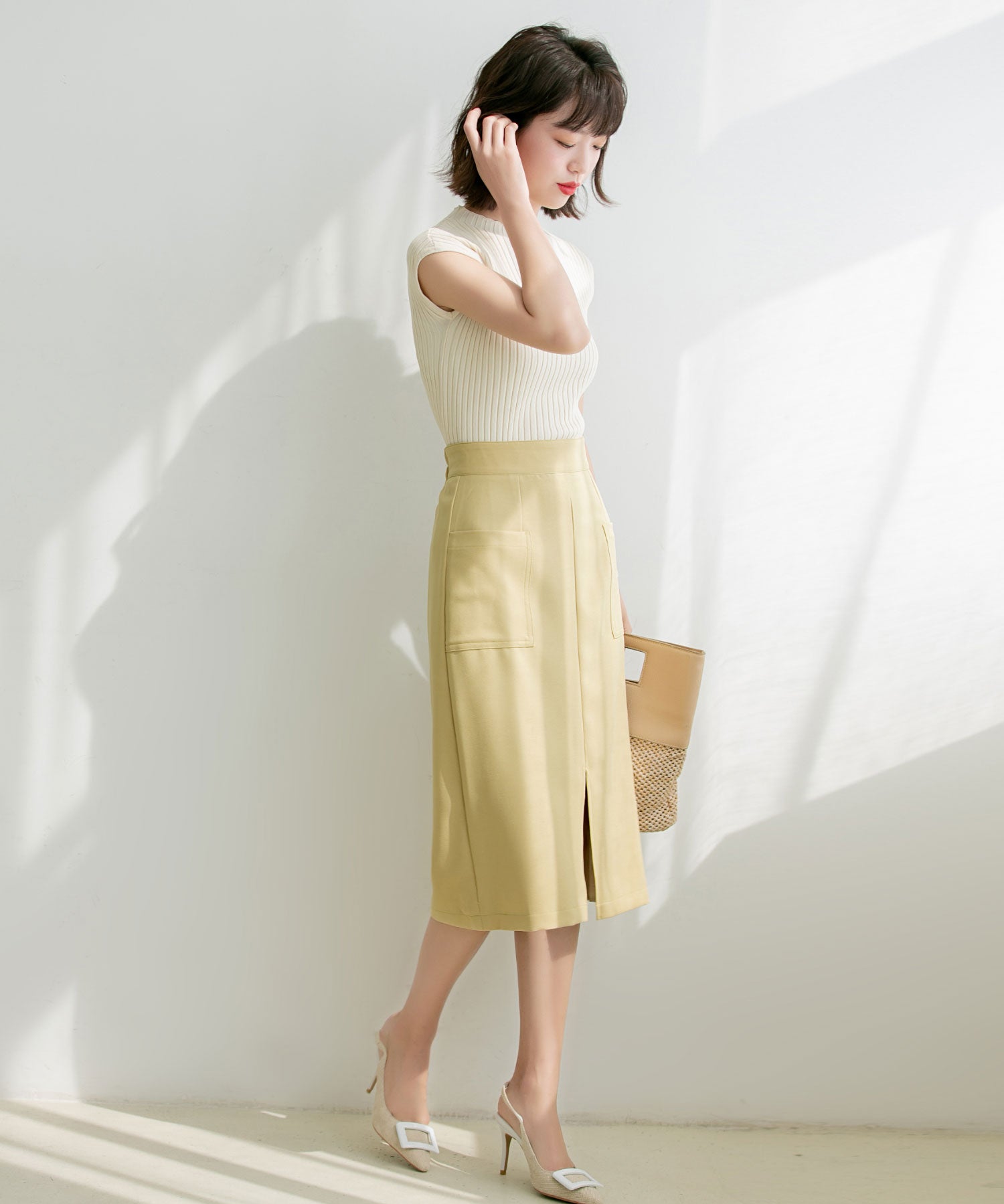 フレンチスリーブリブ切替サマーニットトップスxyf9299 アイボリー