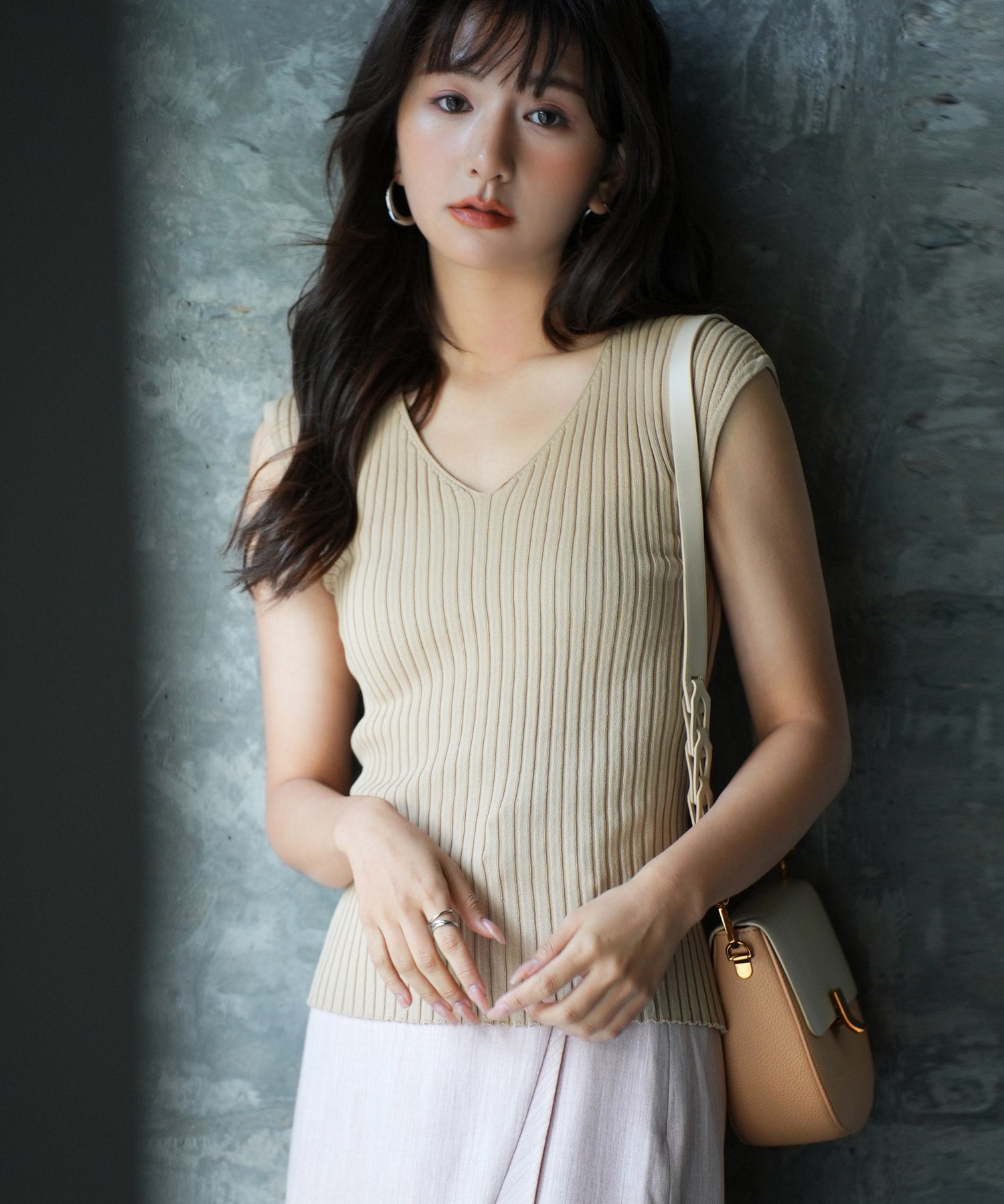 フレンチスリーブリブ切替サマーニットトップスxyf9299-103-410