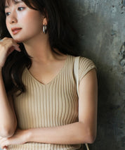 フレンチスリーブリブ切替サマーニットトップスxyf9299 ベージュ系その他2