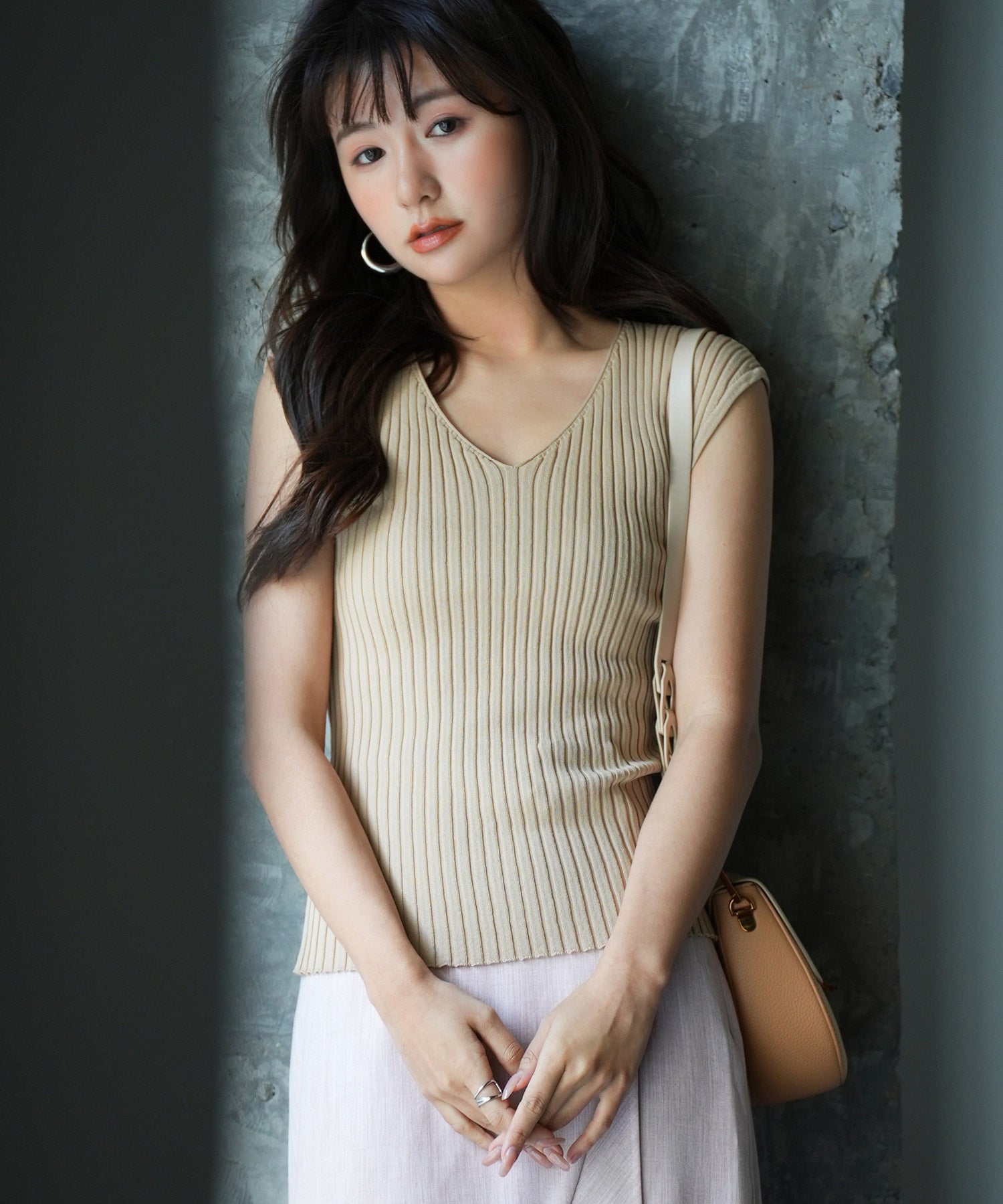 フレンチスリーブリブ切替サマーニットトップスxyf9299 ベージュ系その他2