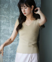 フレンチスリーブリブ切替サマーニットトップスxyf9299 ベージュ系その他2