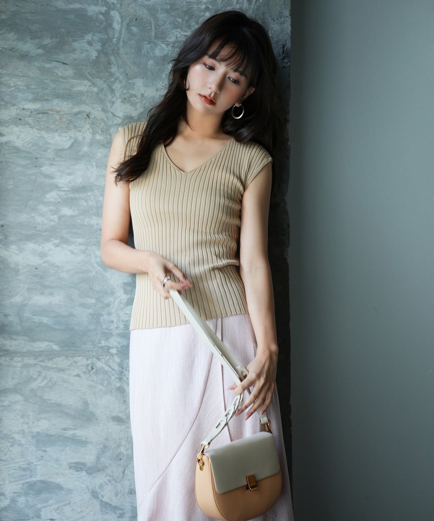 フレンチスリーブリブ切替サマーニットトップスxyf9299 ベージュ系その他2