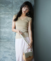 フレンチスリーブリブ切替サマーニットトップスxyf9299 ベージュ系その他2