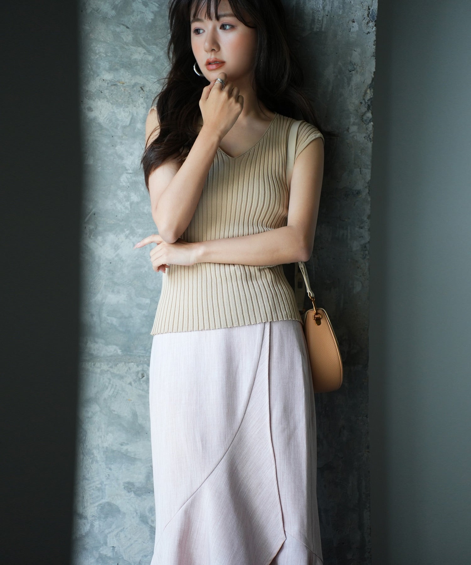 フレンチスリーブリブ切替サマーニットトップスxyf9299 ベージュ系その他2