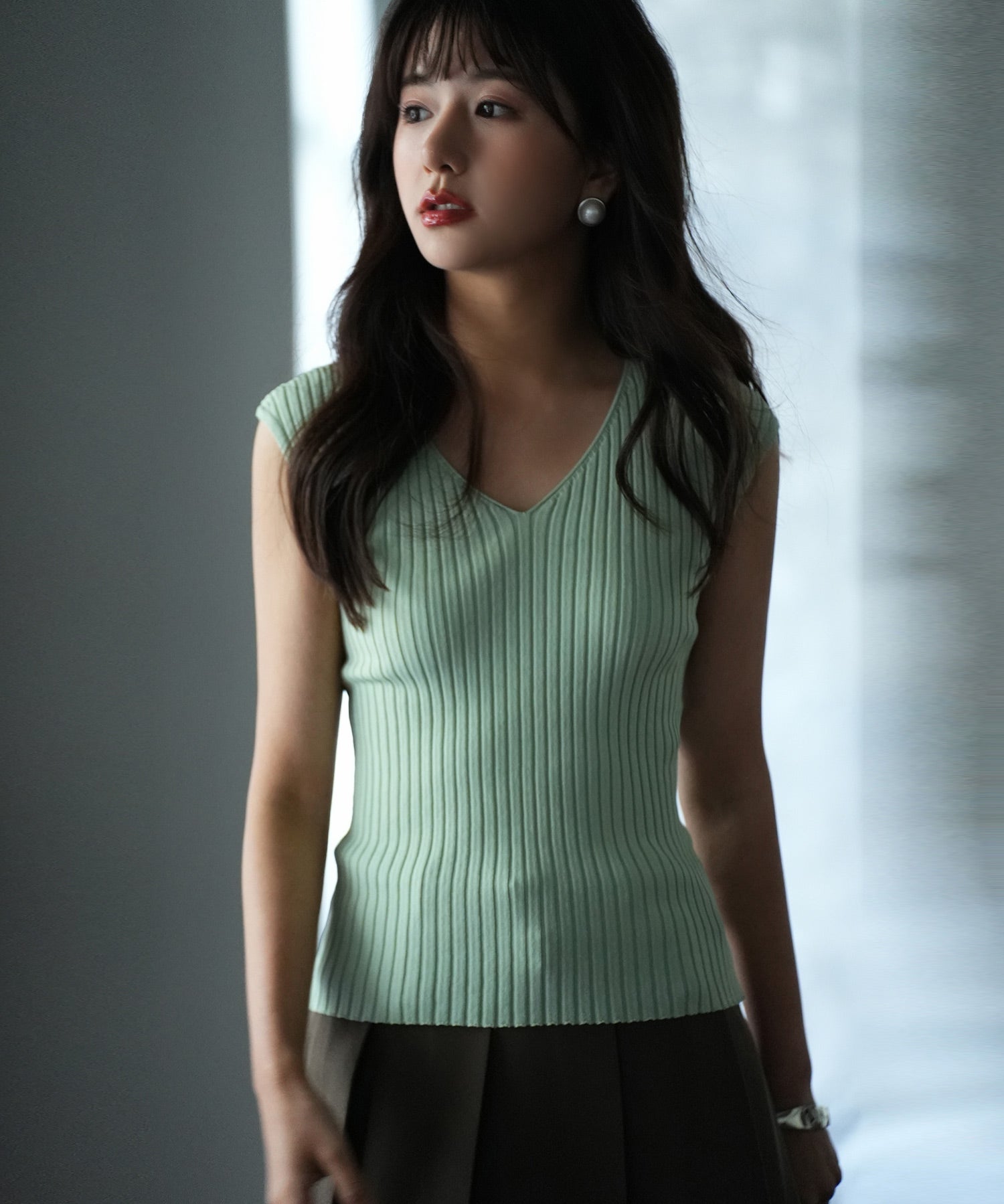 フレンチスリーブリブ切替サマーニットトップスxyf9299-103-416