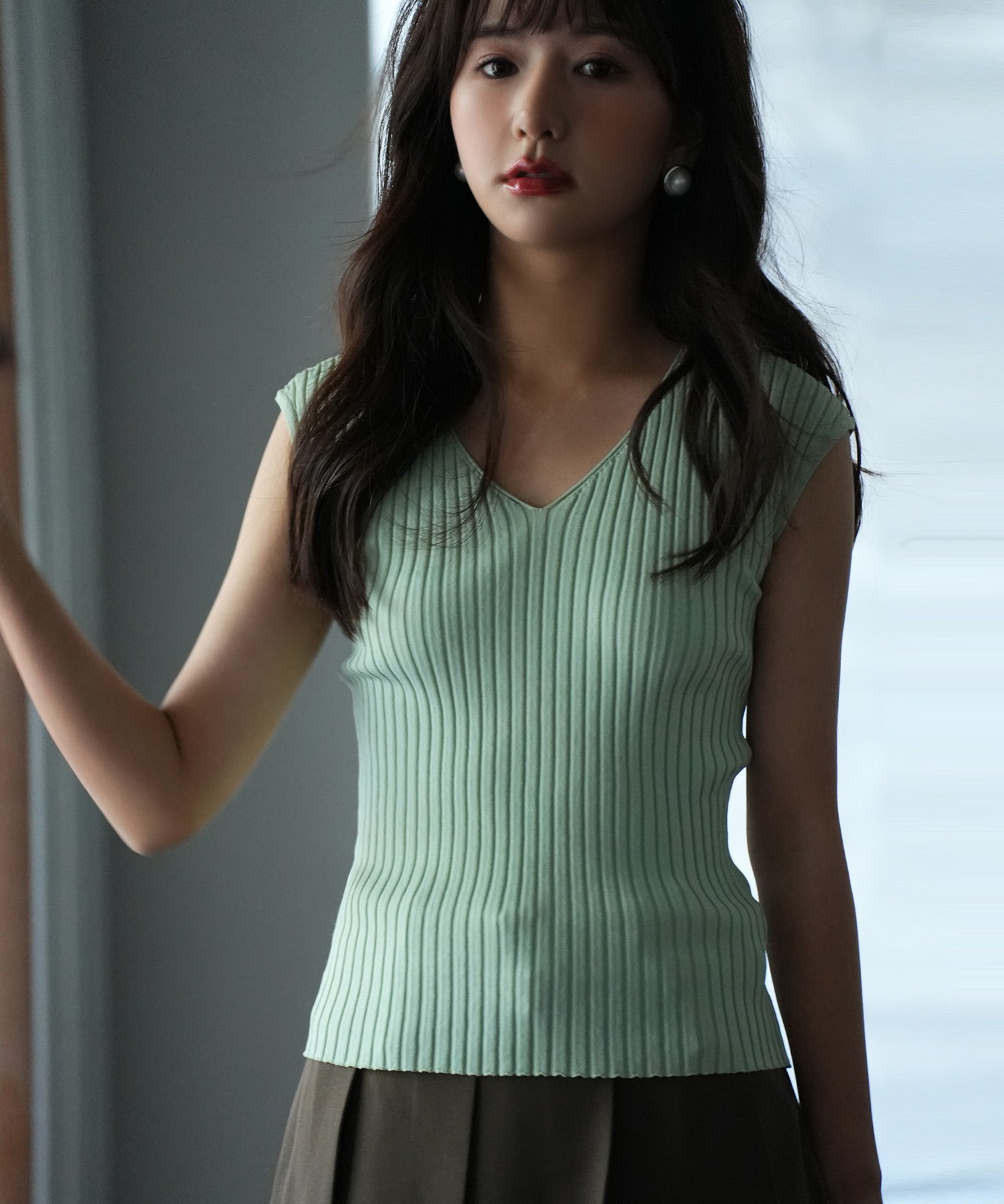 フレンチスリーブリブ切替サマーニットトップスxyf9299 グリーン系その他2