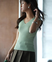 フレンチスリーブリブ切替サマーニットトップスxyf9299 グリーン系その他2