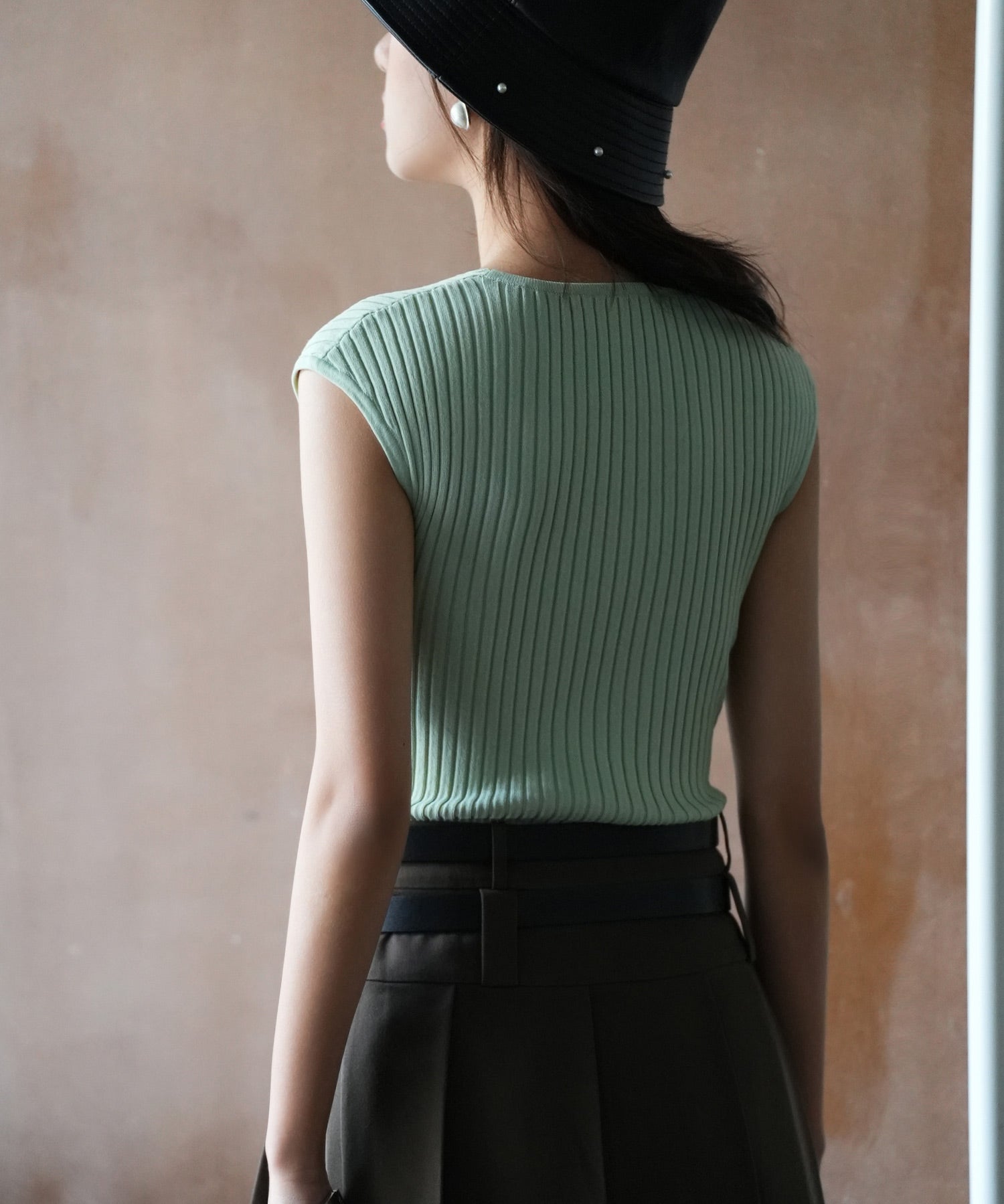 フレンチスリーブリブ切替サマーニットトップスxyf9299 グリーン系その他2