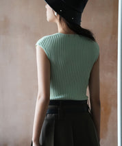 フレンチスリーブリブ切替サマーニットトップスxyf9299 グリーン系その他2