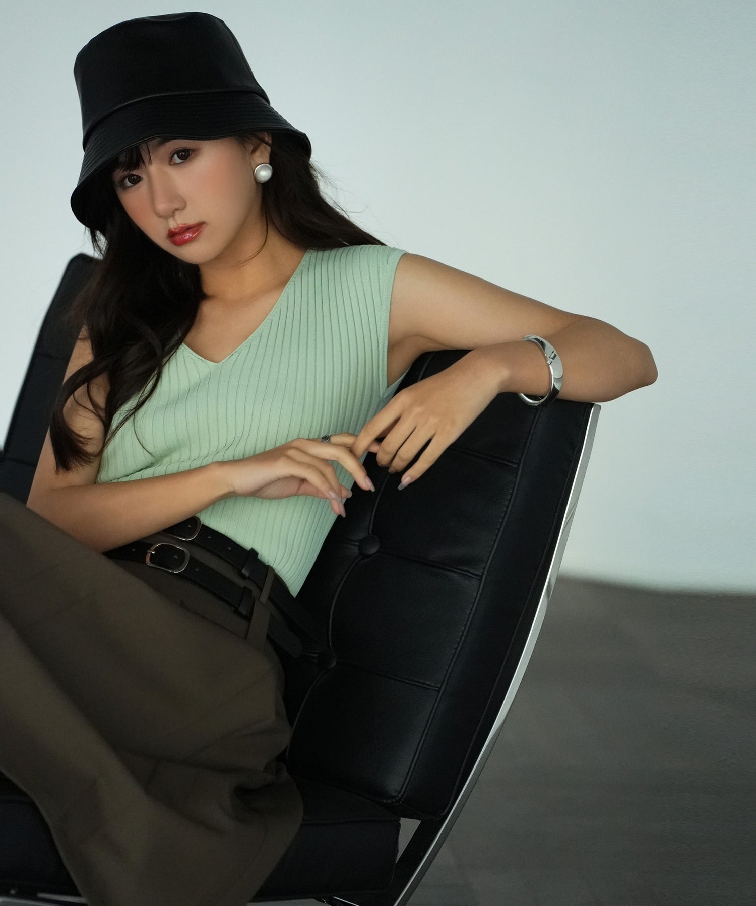 フレンチスリーブリブ切替サマーニットトップスxyf9299 グリーン系その他2