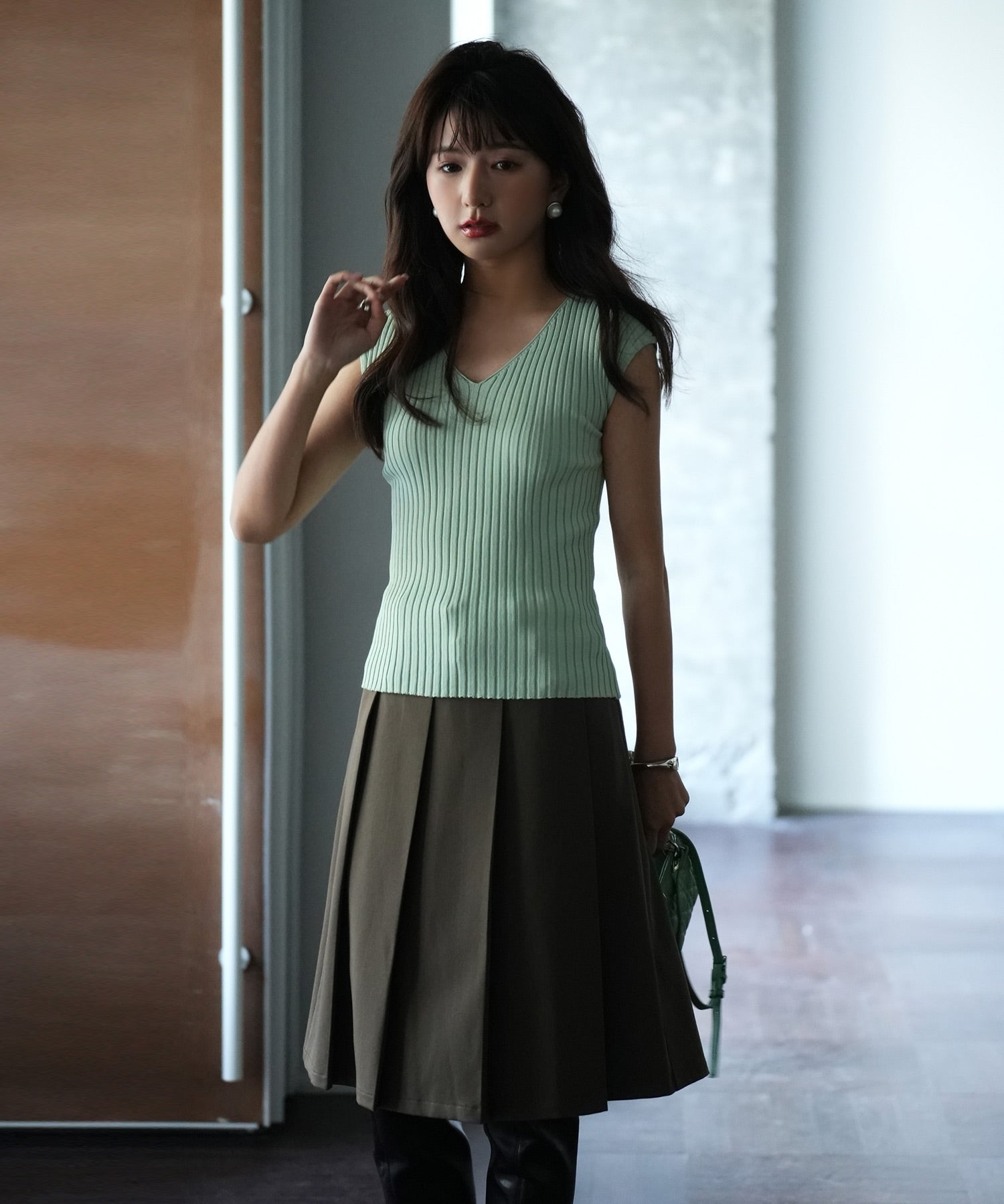 フレンチスリーブリブ切替サマーニットトップスxyf9299 グリーン系その他2