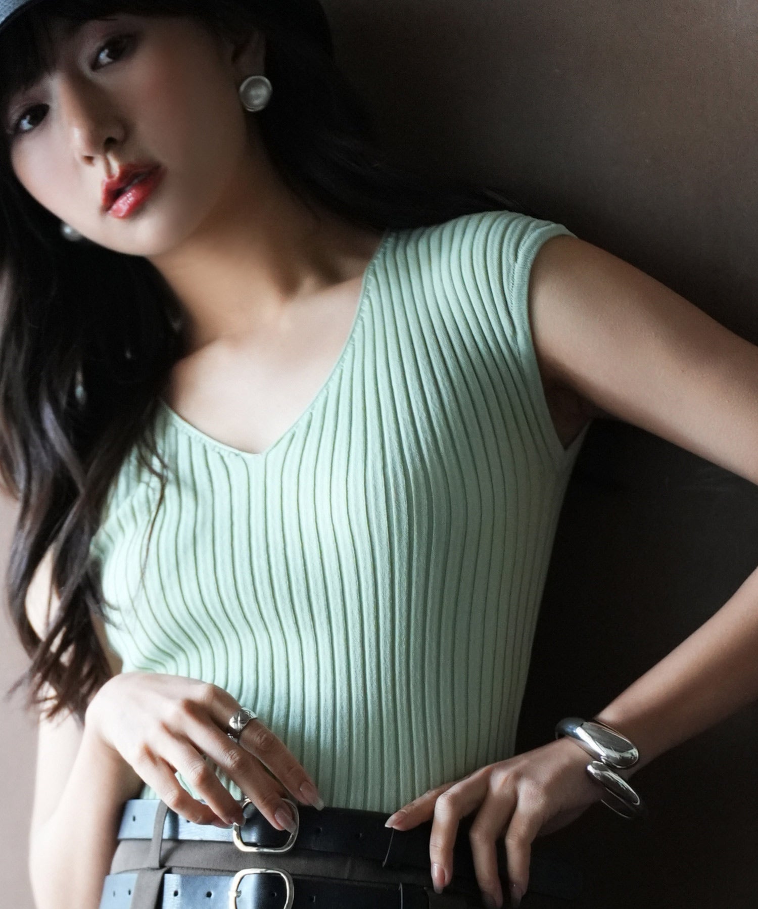 フレンチスリーブリブ切替サマーニットトップスxyf9299 グリーン系その他2