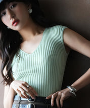 フレンチスリーブリブ切替サマーニットトップスxyf9299 グリーン系その他2