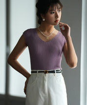 フレンチスリーブリブ切替サマーニットトップスxyf9299-103-428