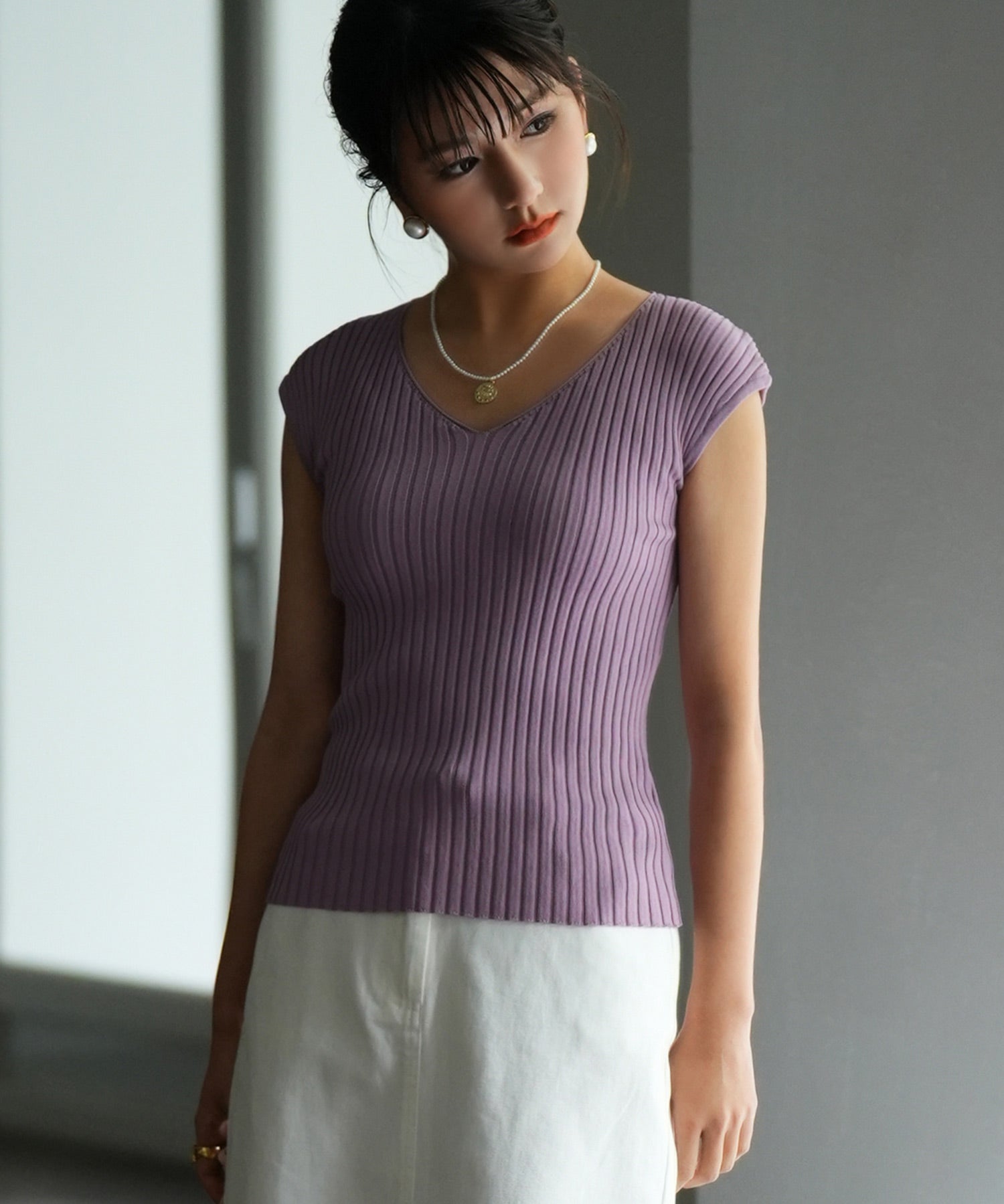 フレンチスリーブリブ切替サマーニットトップスxyf9299 パープル系その他2