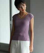 フレンチスリーブリブ切替サマーニットトップスxyf9299 パープル系その他2