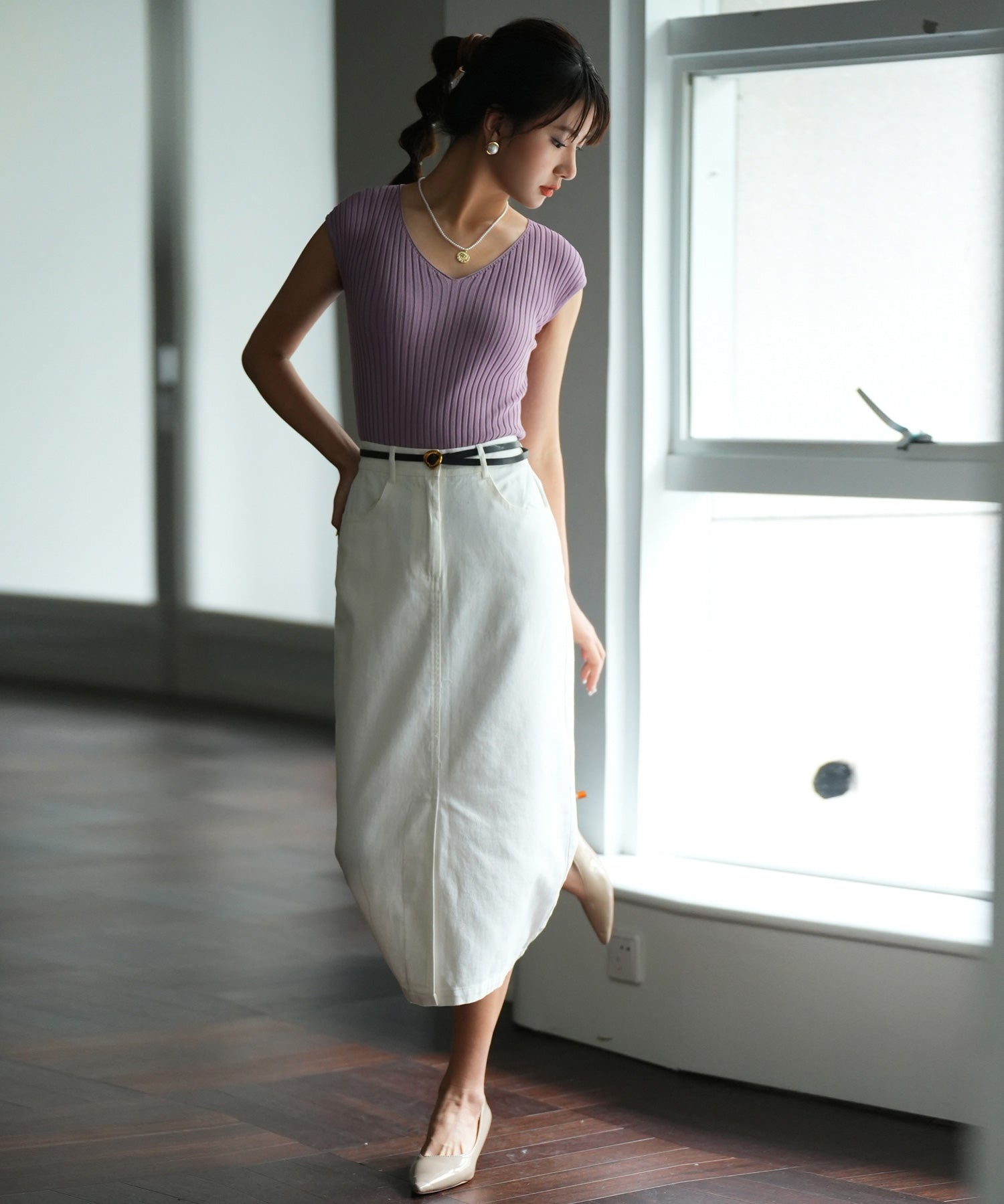 フレンチスリーブリブ切替サマーニットトップスxyf9299 パープル系その他2