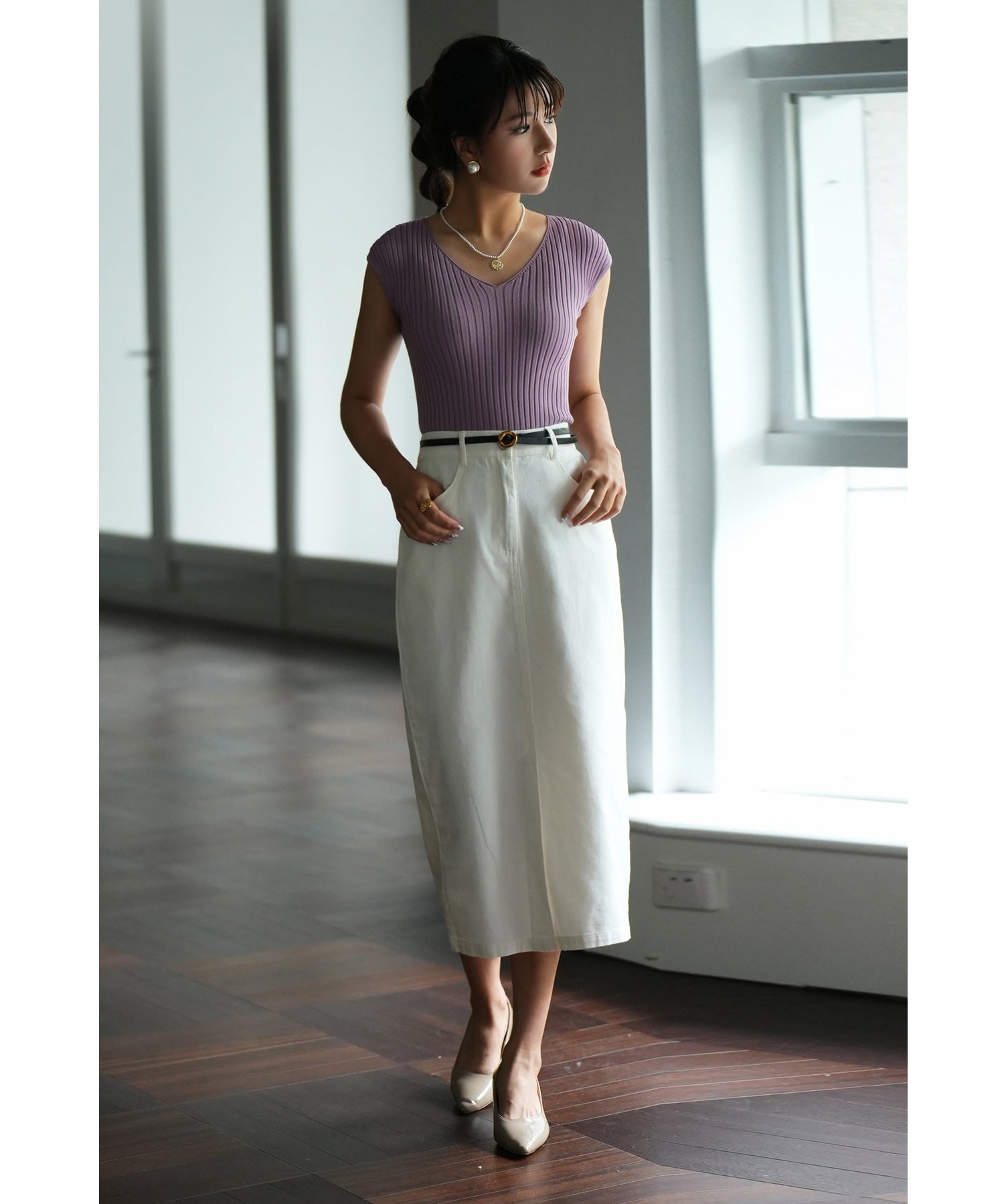 フレンチスリーブリブ切替サマーニットトップスxyf9299 パープル系その他2