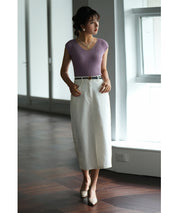 フレンチスリーブリブ切替サマーニットトップスxyf9299 パープル系その他2