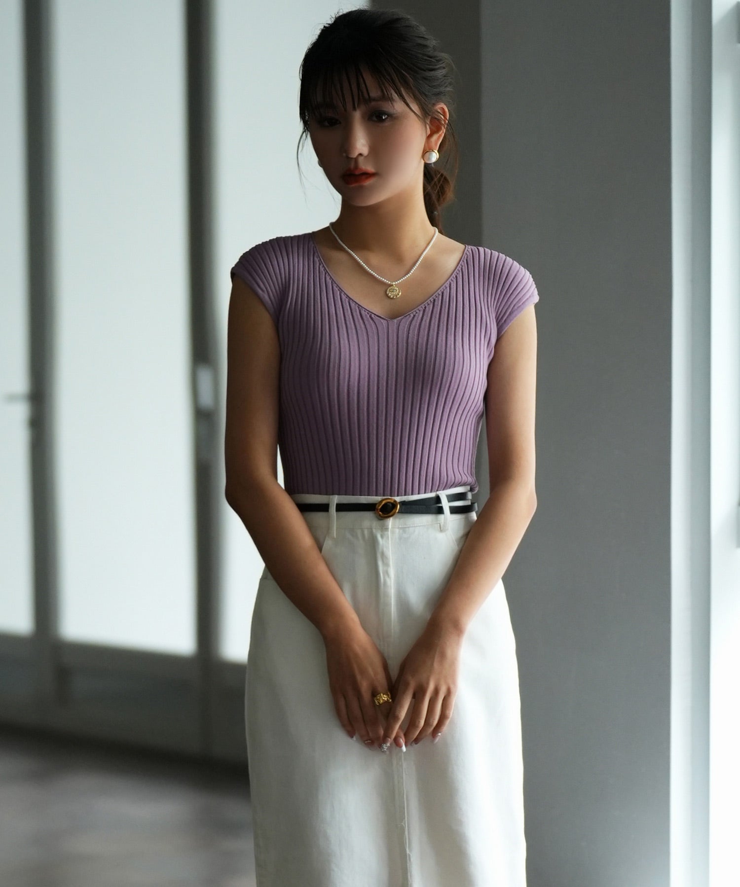 フレンチスリーブリブ切替サマーニットトップスxyf9299 パープル系その他2