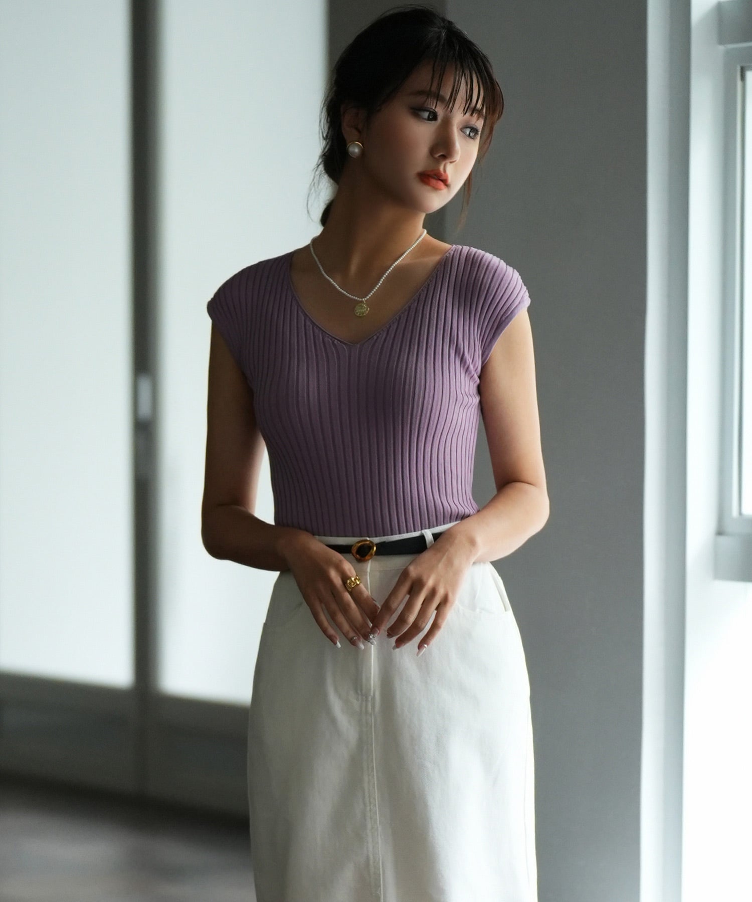 フレンチスリーブリブ切替サマーニットトップスxyf9299 パープル系その他2