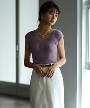 フレンチスリーブリブ切替サマーニットトップスxyf9299 パープル系その他2