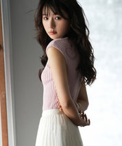 フレンチスリーブリブ切替サマーニットトップスxyf9299 ピンク系その他2